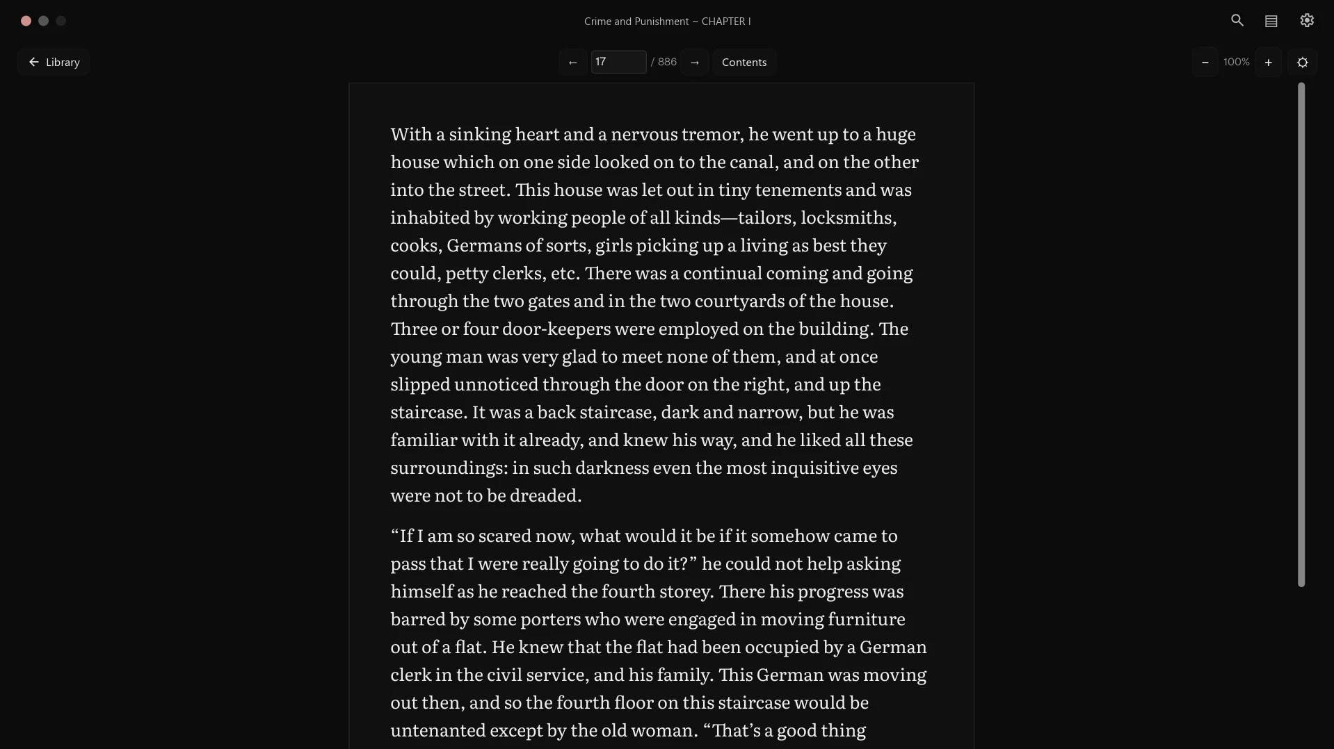 A book open in simPl’s dark reading view, with page navigation and zoom controls
